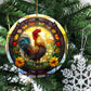 Radiant Rooster Amidst Blossoms, Chicken Circle Ceramic Ornament Christmas Gift For Chicken Lovers