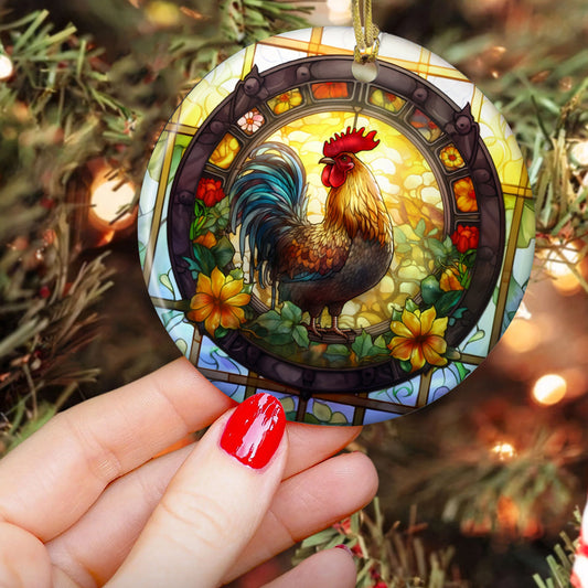 Radiant Rooster Amidst Blossoms, Chicken Circle Ceramic Ornament Christmas Gift For Chicken Lovers