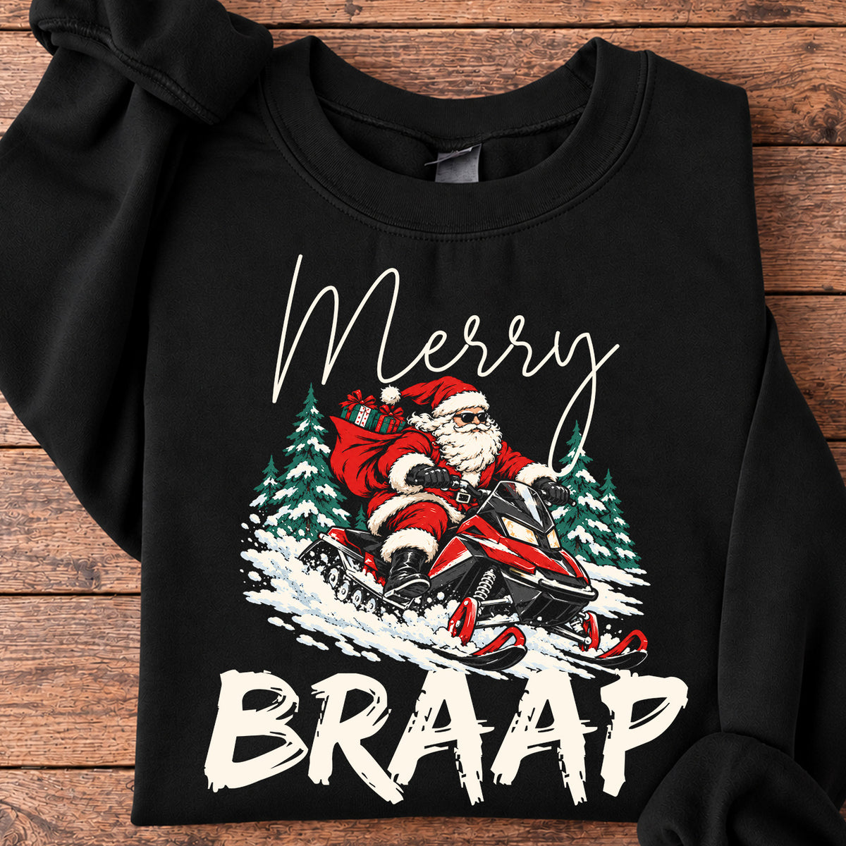 Funny Christmas Snowmobile Santa Sweatshirt, Mery Braap Crewneck Sweatshirt Xmas Gift For Snowmobiling Lover