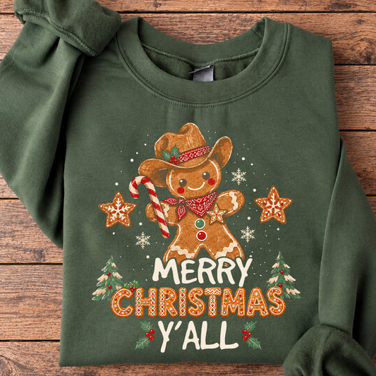 Merry Christmas Y'all Cowboy Sweatshirt, Giddy Up Gingerbread Crewneck Sweatshirt Xmas Gift For Cowboy Lover