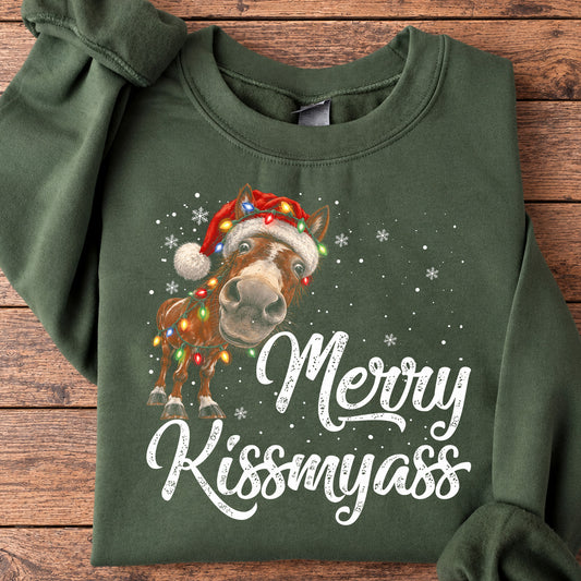Funny Christmas Horse Sweatshirt, Merry Kissmyass Crewneck Sweatshirt Xmas Gift For Horse Lover