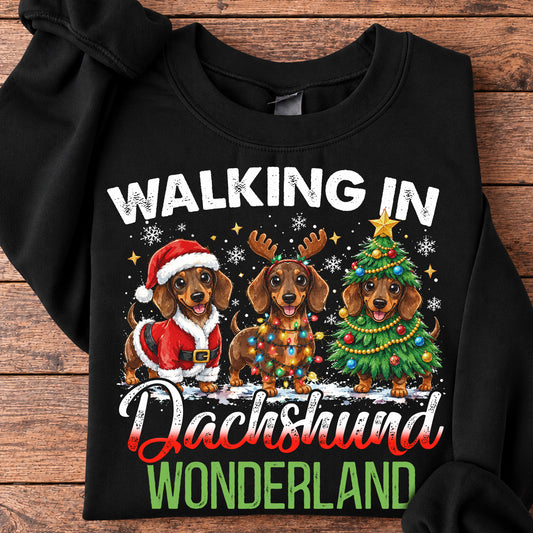 Christmas Dachshund Dog Sweatshirt, Walking In Dachshund Wonderland Crewneck Sweatshirt Xmas Gift For Dog Lovers
