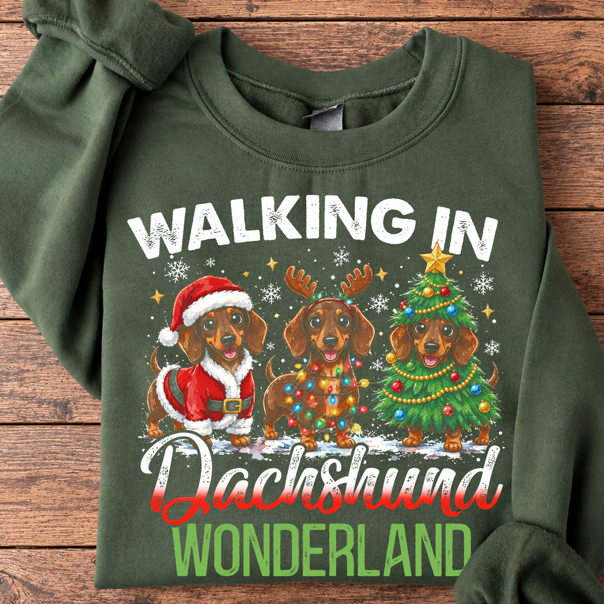 Christmas Dachshund Dog Sweatshirt, Walking In Dachshund Wonderland Crewneck Sweatshirt Xmas Gift For Dog Lovers