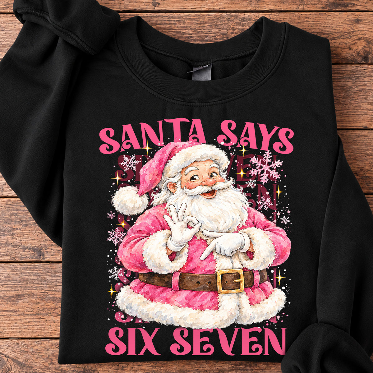 Funny Christmas 67 Meme Sweatshirt, Pink Santa Says Six Seven Crewneck Sweatshirt Xmas Gift For Teens