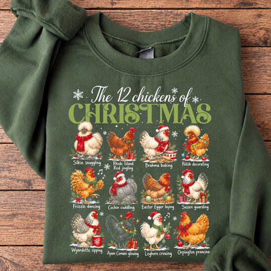 Funny Christmas Chicken Sweatshirt, The 12 Chickens Of Christmas Crewneck Sweatshirt Xmas Gift For Chicken Lover
