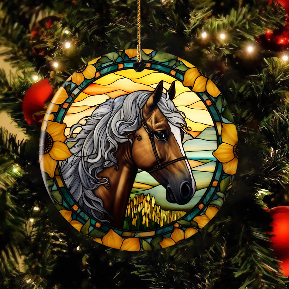 Graceful Horse Amidst Sunflower, Horse Circle Ceramic Ornament Christmas Gift For Horse Lovers