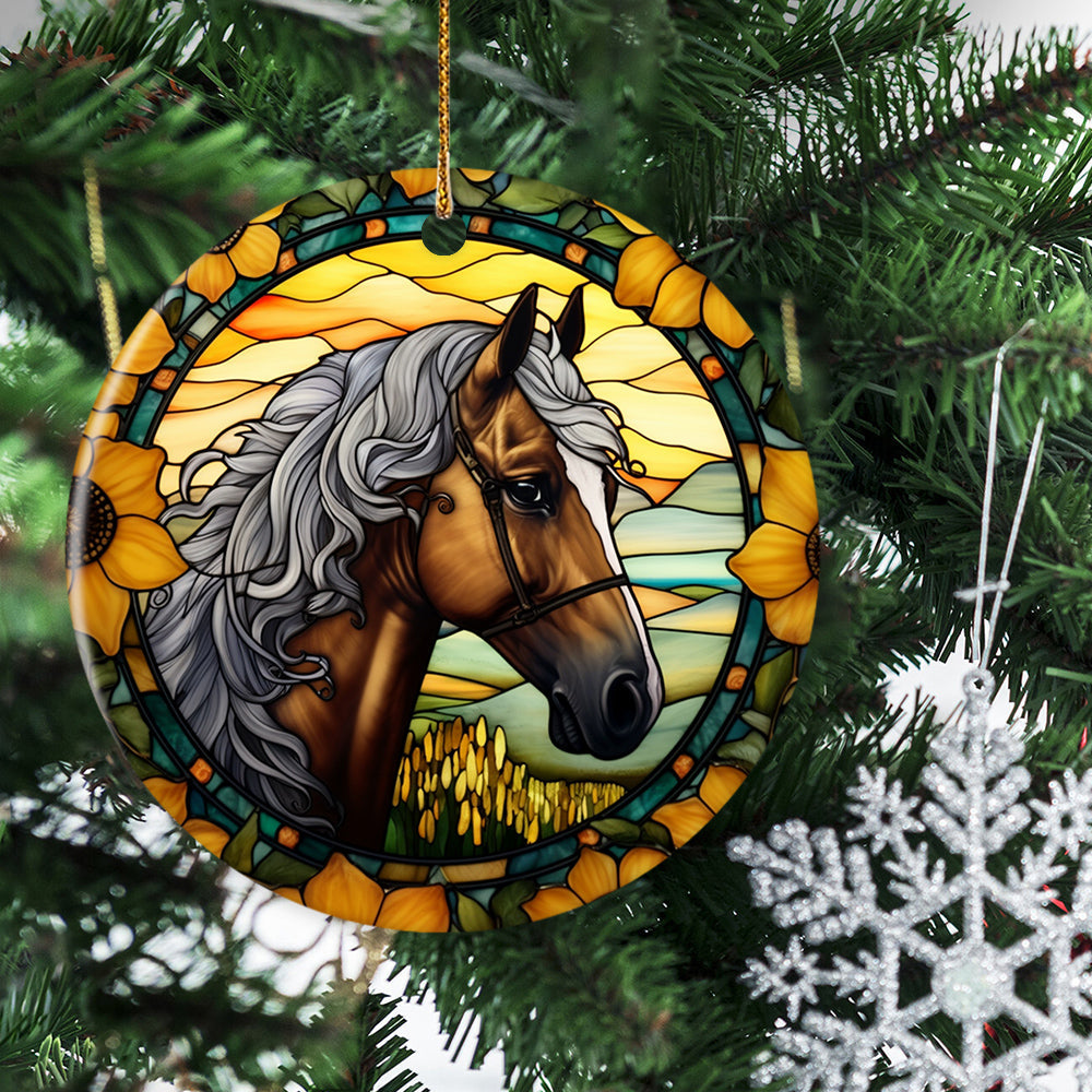 Graceful Horse Amidst Sunflower, Horse Circle Ceramic Ornament Christmas Gift For Horse Lovers