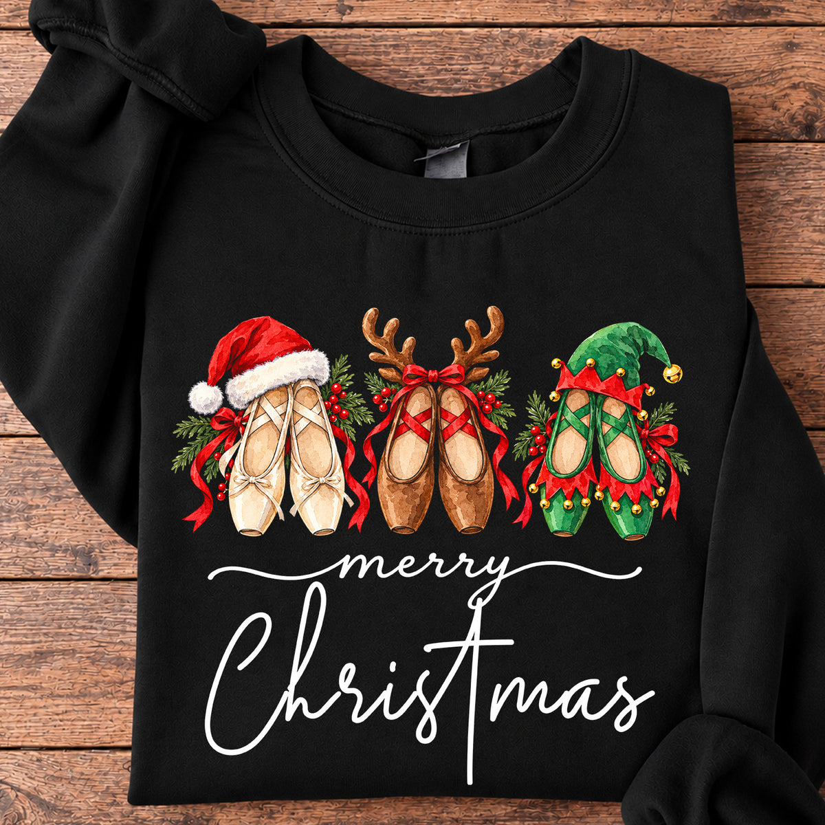 Merry Christmas Ballet Sweatshirt, Santa Reindeer Elf Pointe Shoes Crewneck Sweatshirt Xmas Gift For Ballet Lover