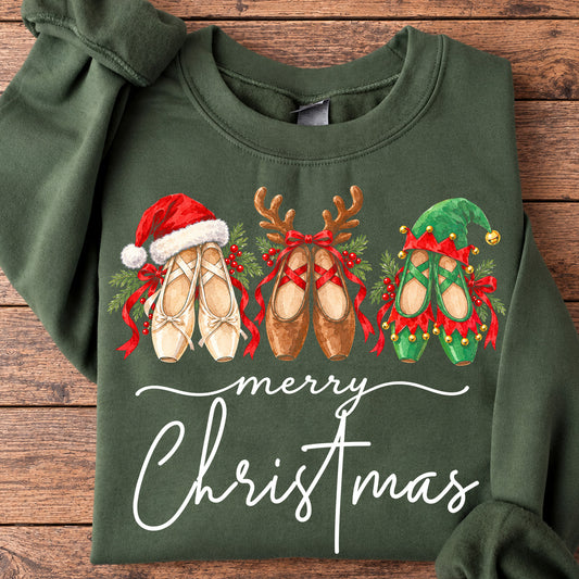 Merry Christmas Ballet Sweatshirt, Santa Reindeer Elf Pointe Shoes Crewneck Sweatshirt Xmas Gift For Ballet Lover