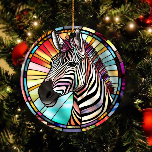 Zebra Stained Glass, Zebra Circle Ceramic Ornament Christmas Gift For Zebra Lovers