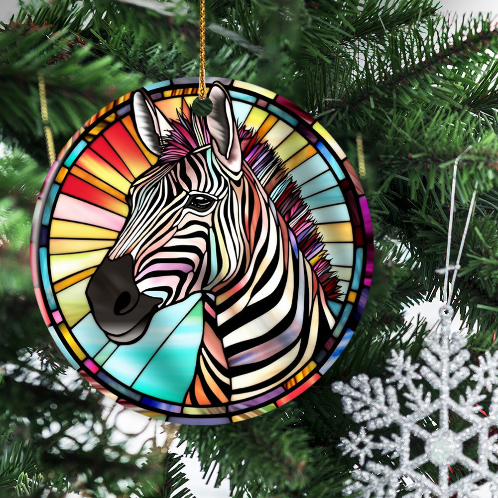 Zebra Stained Glass, Zebra Circle Ceramic Ornament Christmas Gift For Zebra Lovers