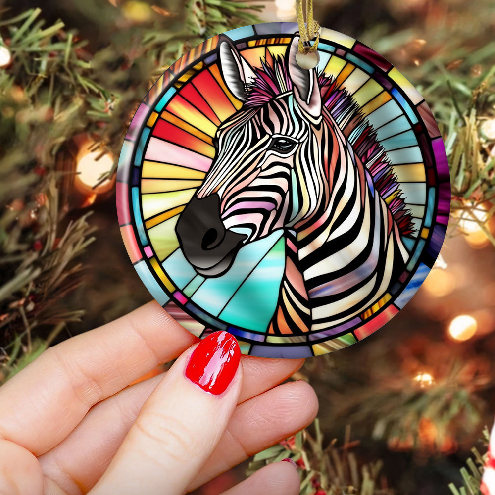 Zebra Stained Glass, Zebra Circle Ceramic Ornament Christmas Gift For Zebra Lovers