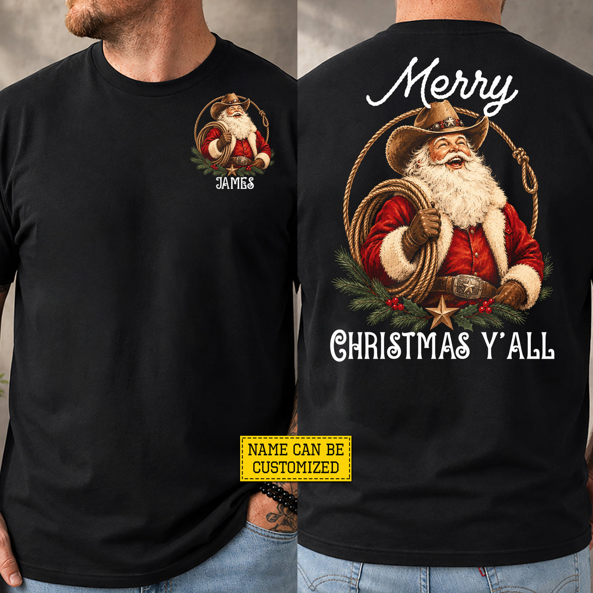 Personalized Christmas Cowboy Two-sided T-shirt, Merry Christmas Y'all Tees, Xmas Gift For Cowboys