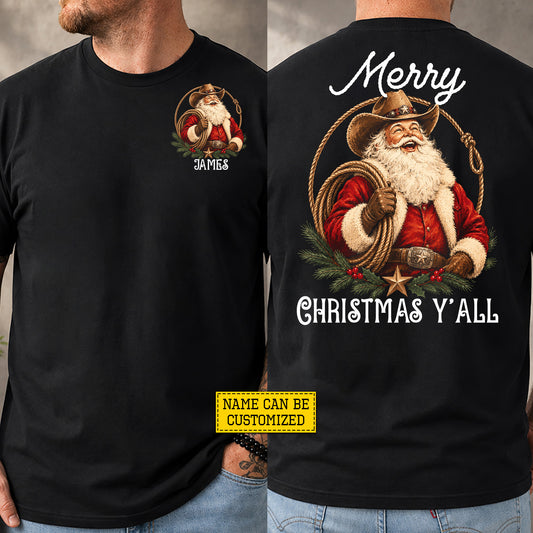 Personalized Christmas Cowboy Two-sided T-shirt, Merry Christmas Y'all Tees, Xmas Gift For Cowboys