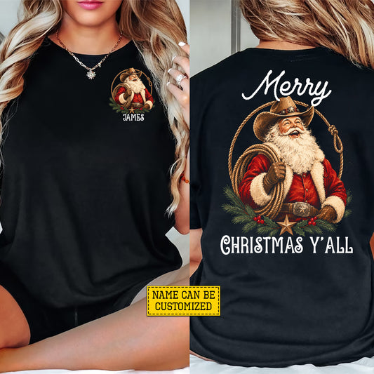 Personalized Christmas Cowboy Two-sided T-shirt, Merry Christmas Y'all Tees, Xmas Gift For Cowboys