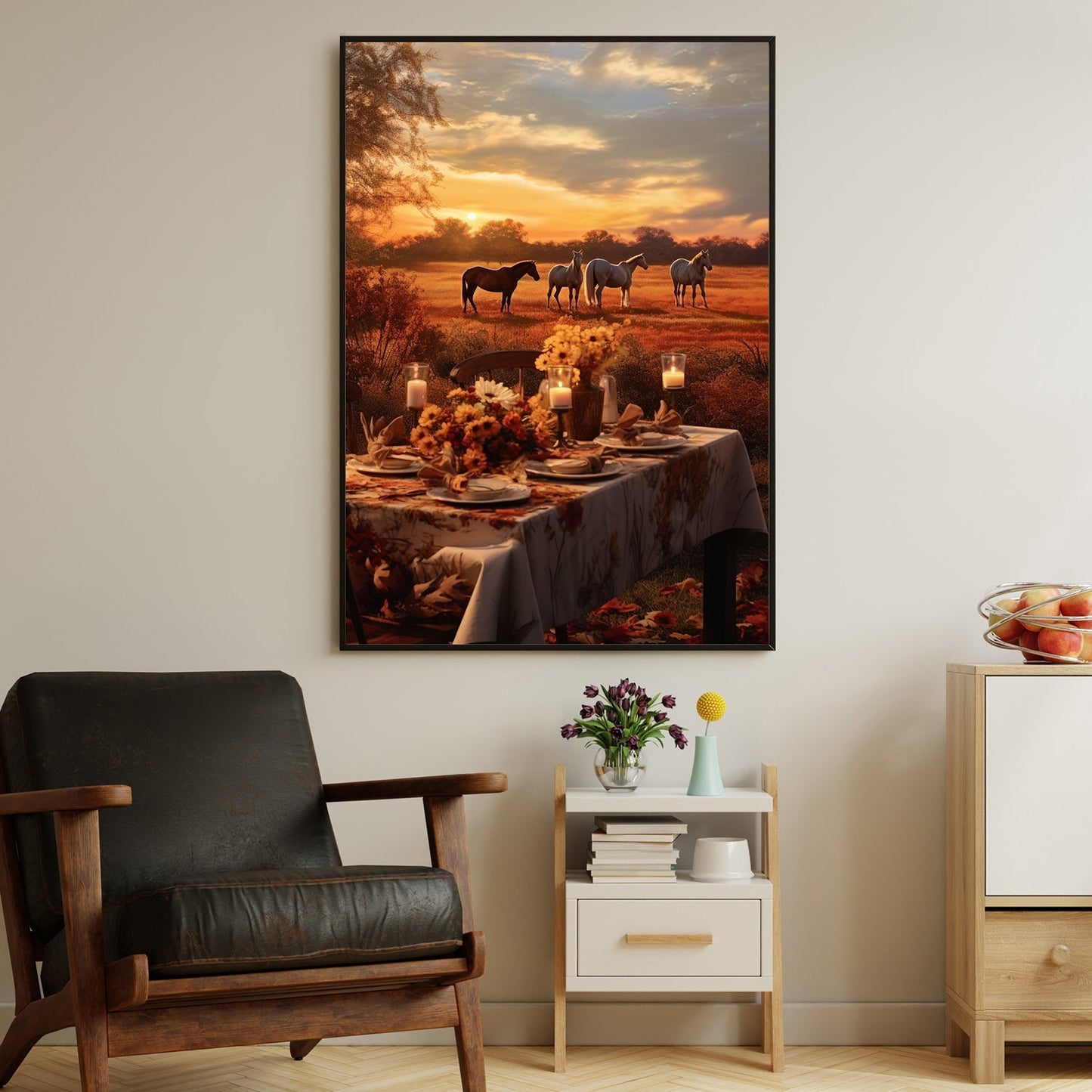 Enjoy The Party And Watch The Horses In The Peaceful Countryside Thanksgiving Canvas Painting, Wall Art Decor - Thanksgiving Poster Gift For Horse Lovers