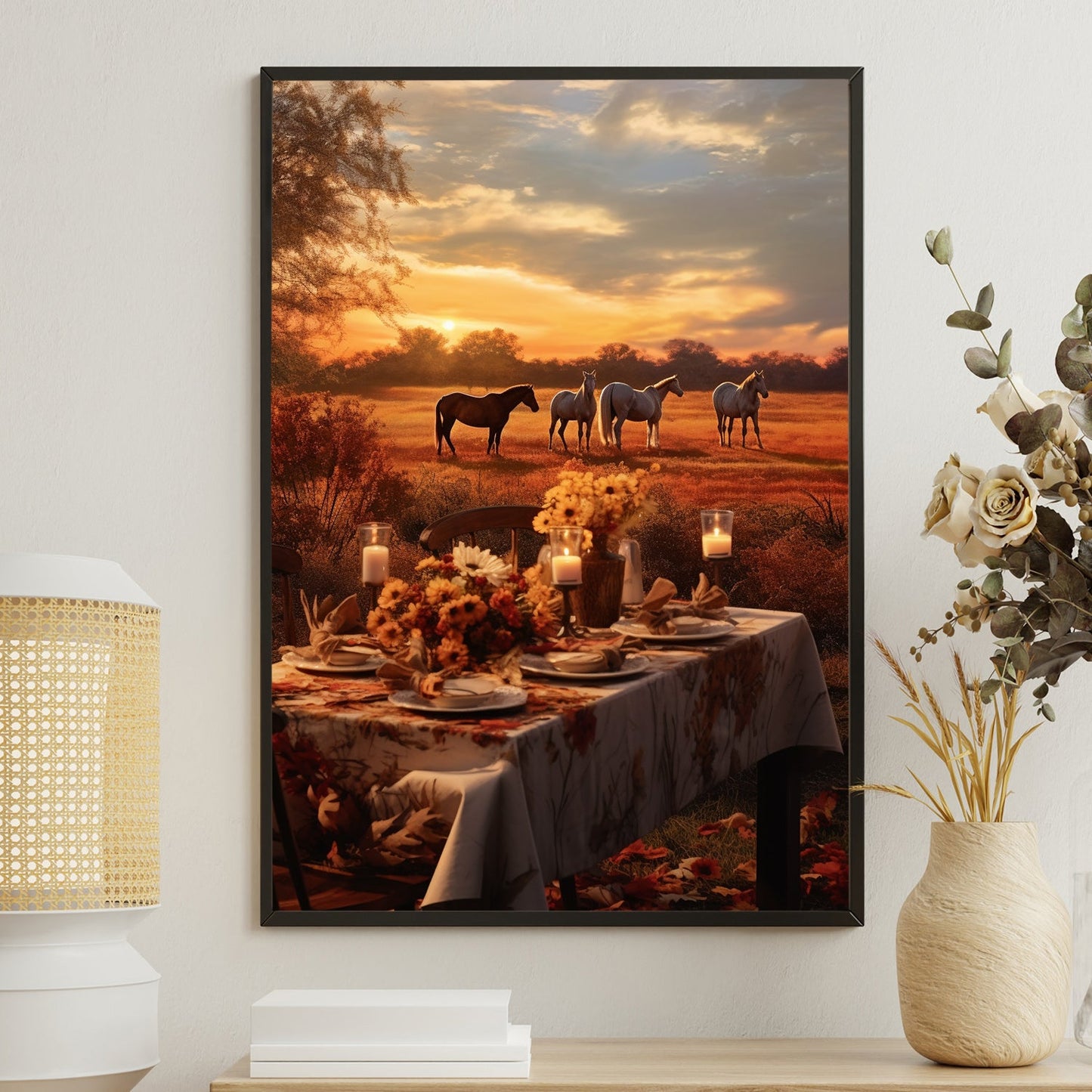 Enjoy The Party And Watch The Horses In The Peaceful Countryside Thanksgiving Canvas Painting, Wall Art Decor - Thanksgiving Poster Gift For Horse Lovers