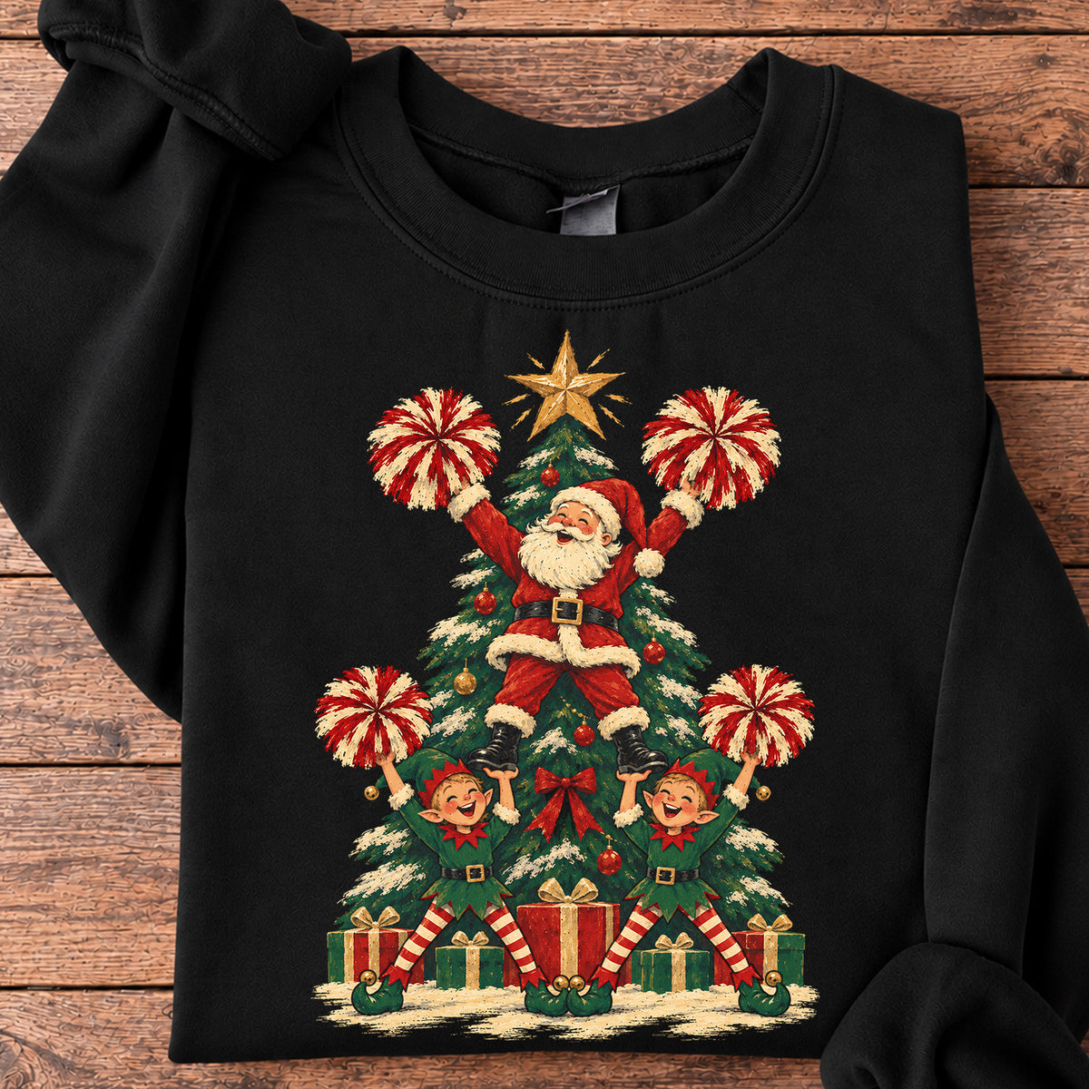 Vintage Santa Cheerleader Christmas Sweatshirt, Santa and Elves Crewneck Sweatshirt Xmas Gift for Cheerleaders