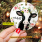 Cute Christmas Cow Ornament, Baby Cow With Flower Gift For Cow Lovers, Personalized Custom Circle Ceramic Ornament