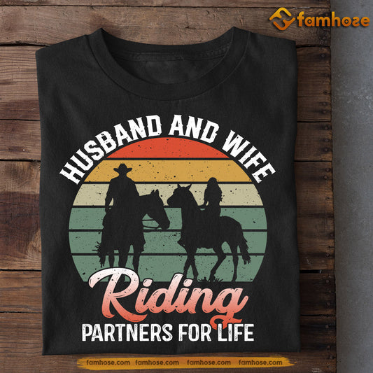 Vintage Valentine's Day Cowboy T-shirt, Husband And Wife Riding Partners For Life, Valentines Gift For Cowboy Lovers, Horse Riders, Equestrians