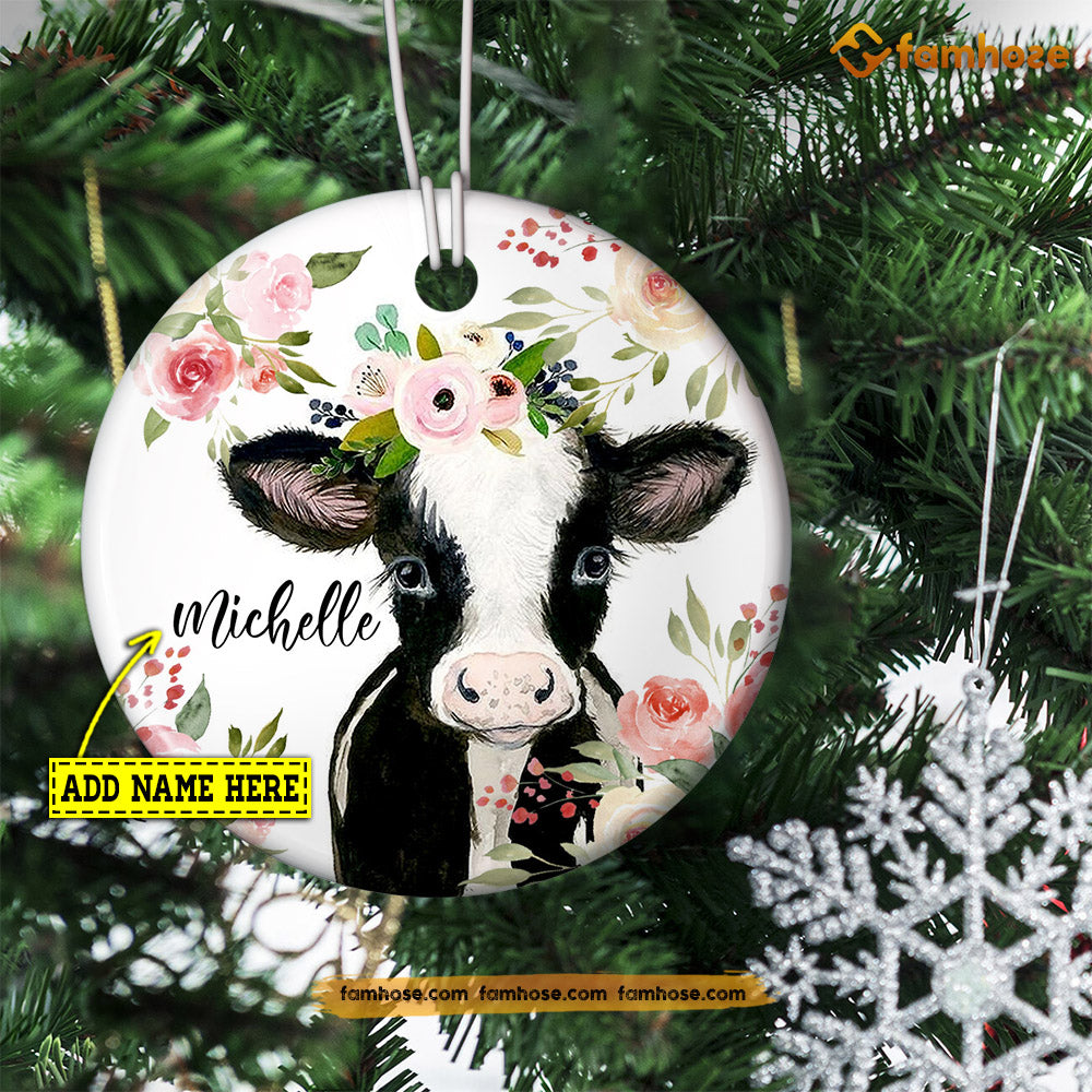 Cute Christmas Cow Ornament, Baby Cow With Flower Gift For Cow Lovers, Personalized Custom Circle Ceramic Ornament