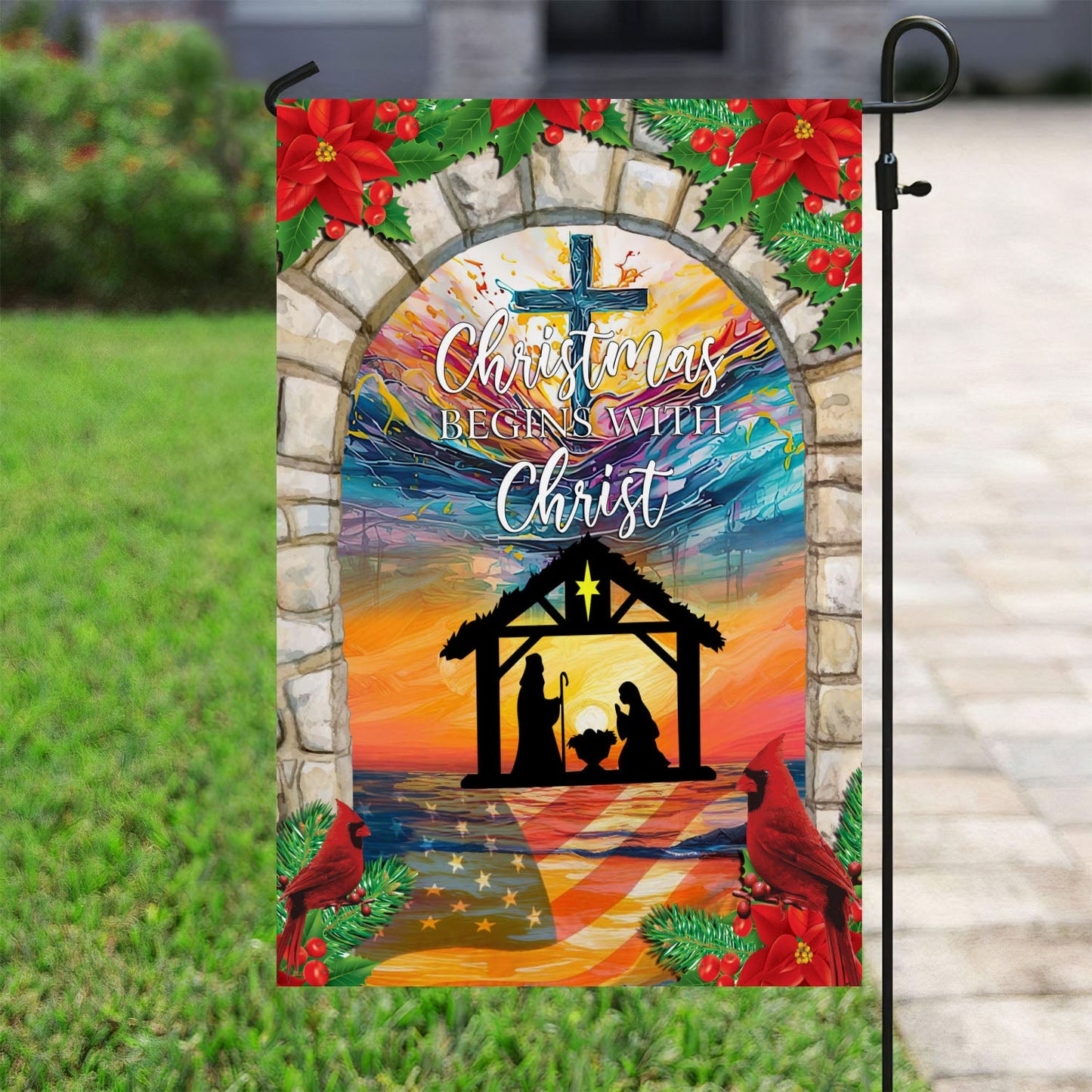 Holy Family Christmas Begins With Christ, Christians Xmas Garden Flag & House Flag, Nativity Christians Flag Gift