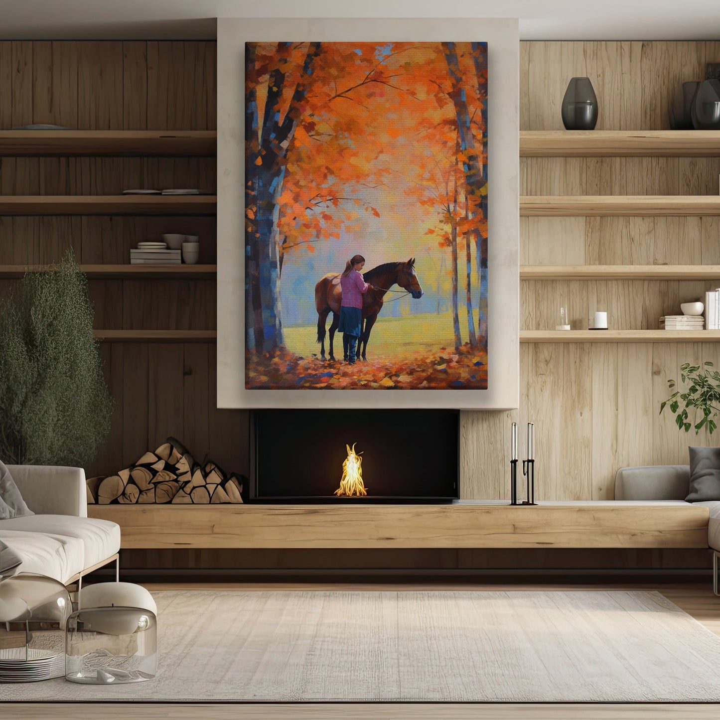 Young Girl And Horse In The Forest Of Autumn Leaves Thanksgiving Canvas Painting, Wall Art Decor - Thanksgiving Poster Gift For Horse Lovers