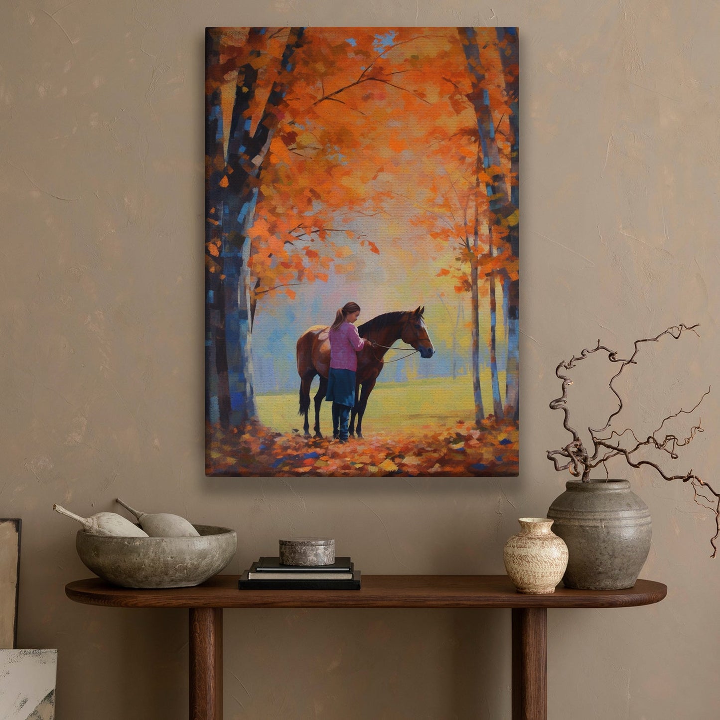 Young Girl And Horse In The Forest Of Autumn Leaves Thanksgiving Canvas Painting, Wall Art Decor - Thanksgiving Poster Gift For Horse Lovers