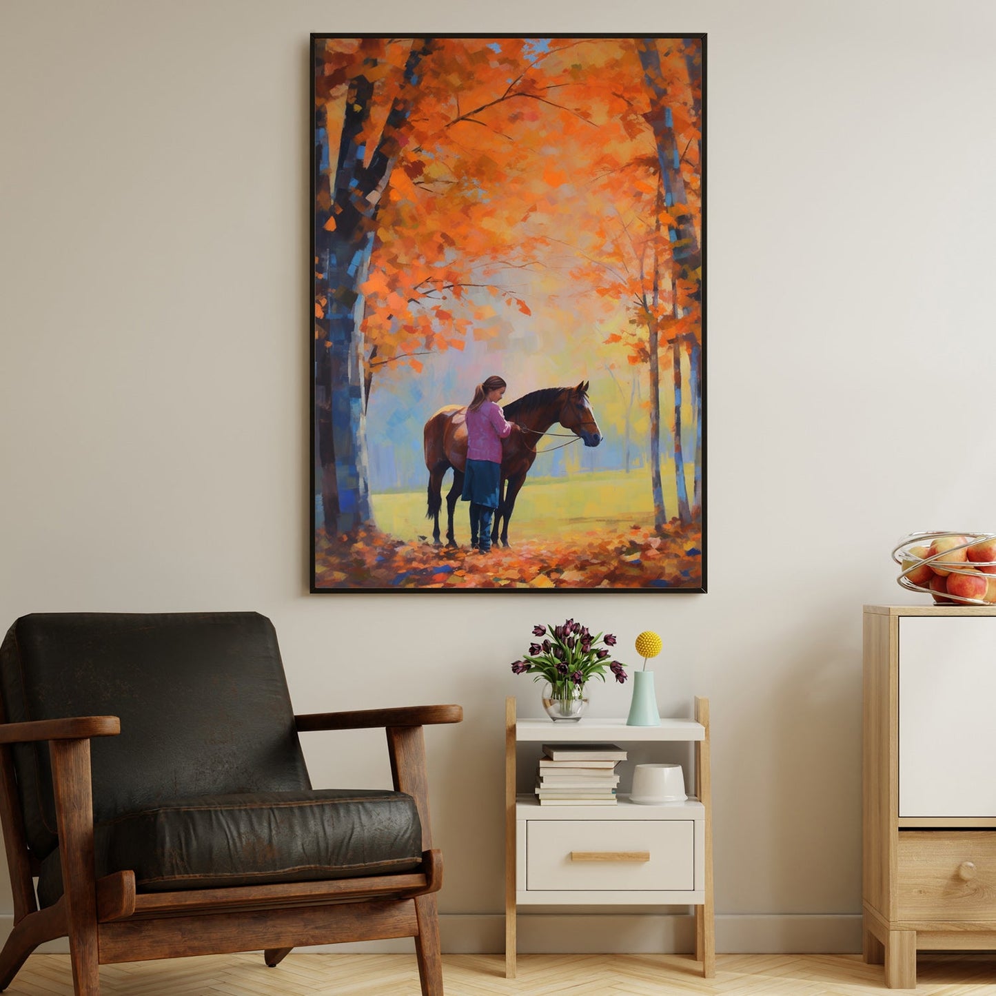 Young Girl And Horse In The Forest Of Autumn Leaves Thanksgiving Canvas Painting, Wall Art Decor - Thanksgiving Poster Gift For Horse Lovers