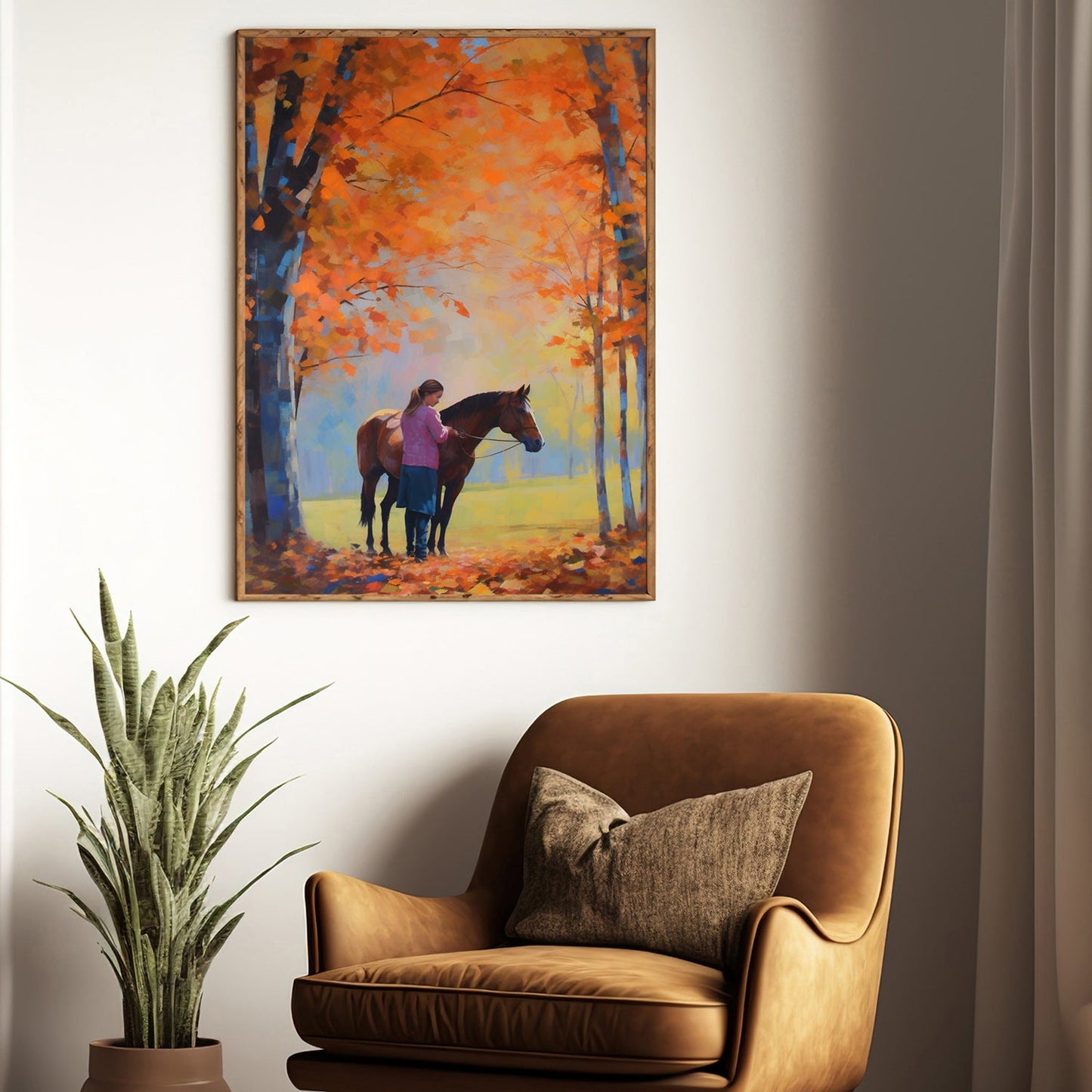 Young Girl And Horse In The Forest Of Autumn Leaves Thanksgiving Canvas Painting, Wall Art Decor - Thanksgiving Poster Gift For Horse Lovers