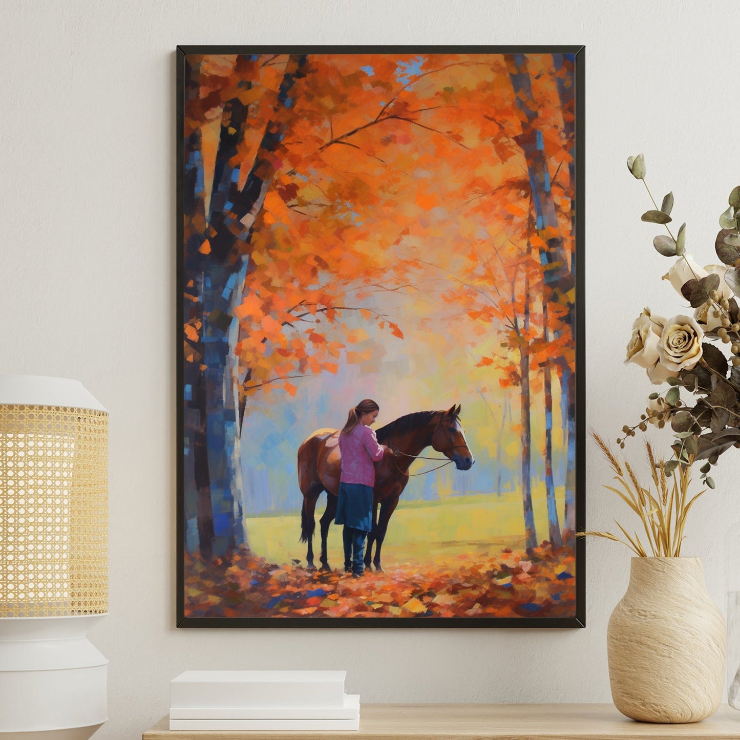 Young Girl And Horse In The Forest Of Autumn Leaves Thanksgiving Canvas Painting, Wall Art Decor - Thanksgiving Poster Gift For Horse Lovers