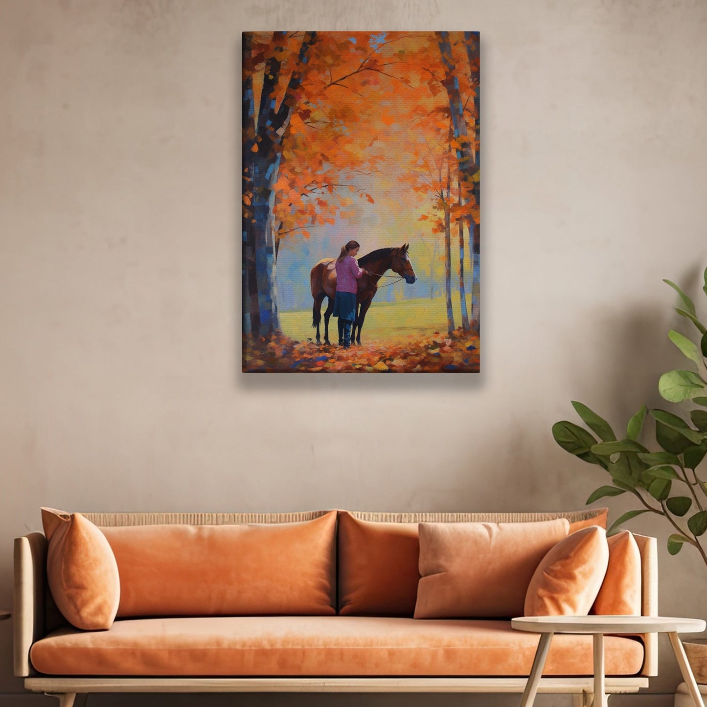 Young Girl And Horse In The Forest Of Autumn Leaves Thanksgiving Canvas Painting, Wall Art Decor - Thanksgiving Poster Gift For Horse Lovers