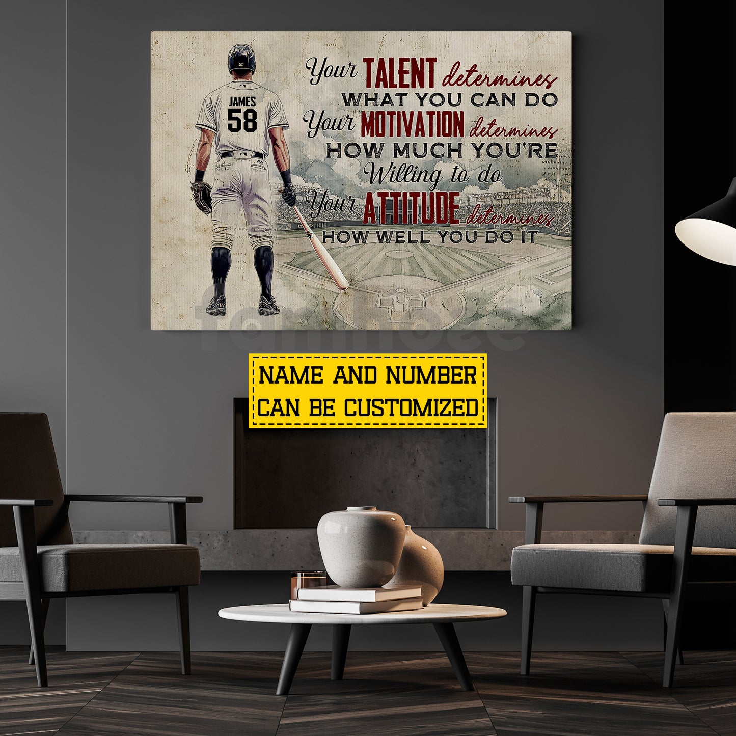Motivational Personalized Baseball Man Canvas Painting, Your Talent Determines What You Can Do Sport Wall Art Decor, Poster Gift For Baseball Lovers