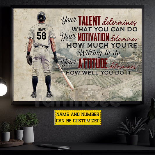 Motivational Personalized Baseball Man Canvas Painting, Your Talent Determines What You Can Do Sport Wall Art Decor, Poster Gift For Baseball Lovers