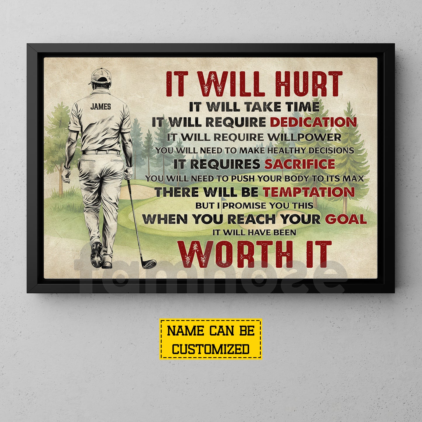 Motivational Personalized Golf Man Canvas Painting, It Will Hurt Worth It Sport Wall Art Decor, Poster Gift For Golf Lover