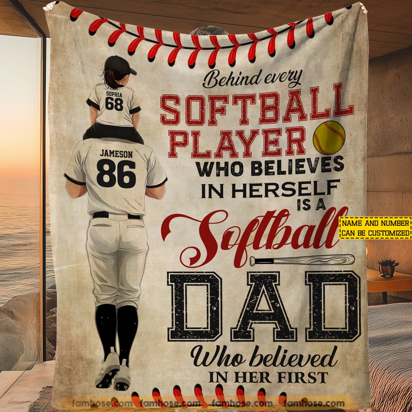 Motivational Personalized Softball Dad Daughter Fleece Blanket, Being Every Softball Player Woven Blanket, Cool Sherpa Blanket Gift For Softball Lover