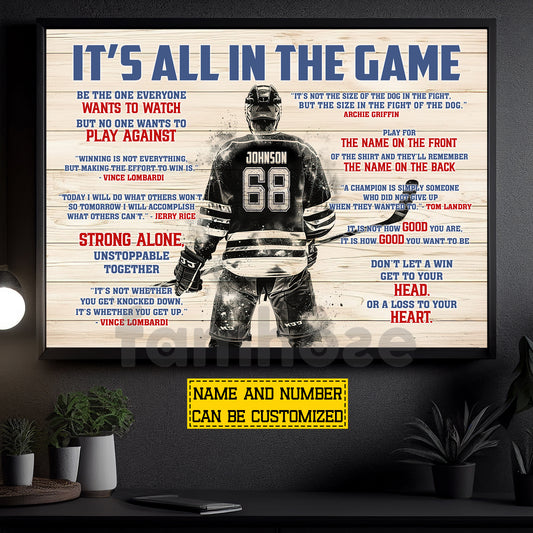 Motivational Personalized Hockey Man Canvas Painting, It's All In The Game Sport Wall Art Decor, Poster Gift For Hockey Lover