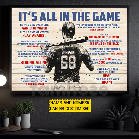 Motivational Personalized Baseball Man Canvas Painting, It's All In The Game Sport Wall Art Decor, Poster Gift For Baseball Lover
