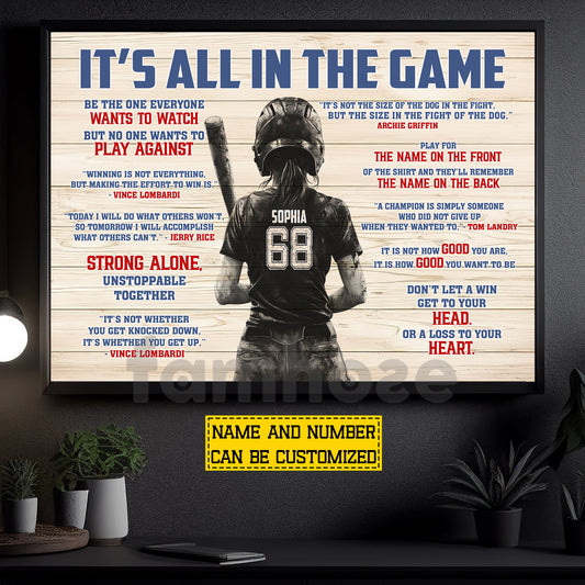 Motivational Personalized Softball Girl Canvas Painting, It's All In The Game Sport Wall Art Decor, Poster Gift For Softball Lover