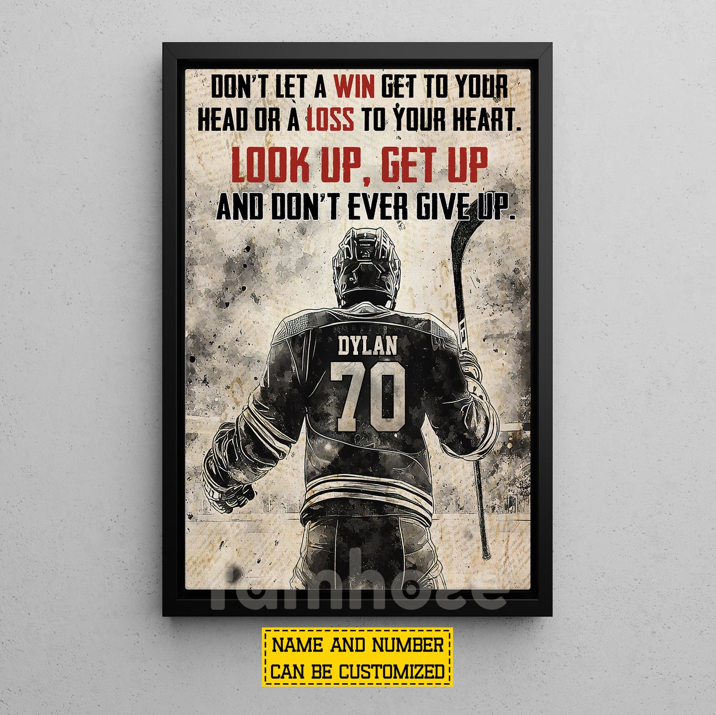 Motivational Personalized Hockey Man Canvas Painting, Look Up Get Up Sport Wall Art Decor, Poster Gift For Hockey Lover