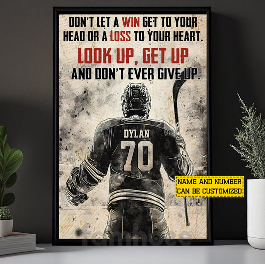 Motivational Personalized Hockey Man Canvas Painting, Look Up Get Up Sport Wall Art Decor, Poster Gift For Hockey Lover