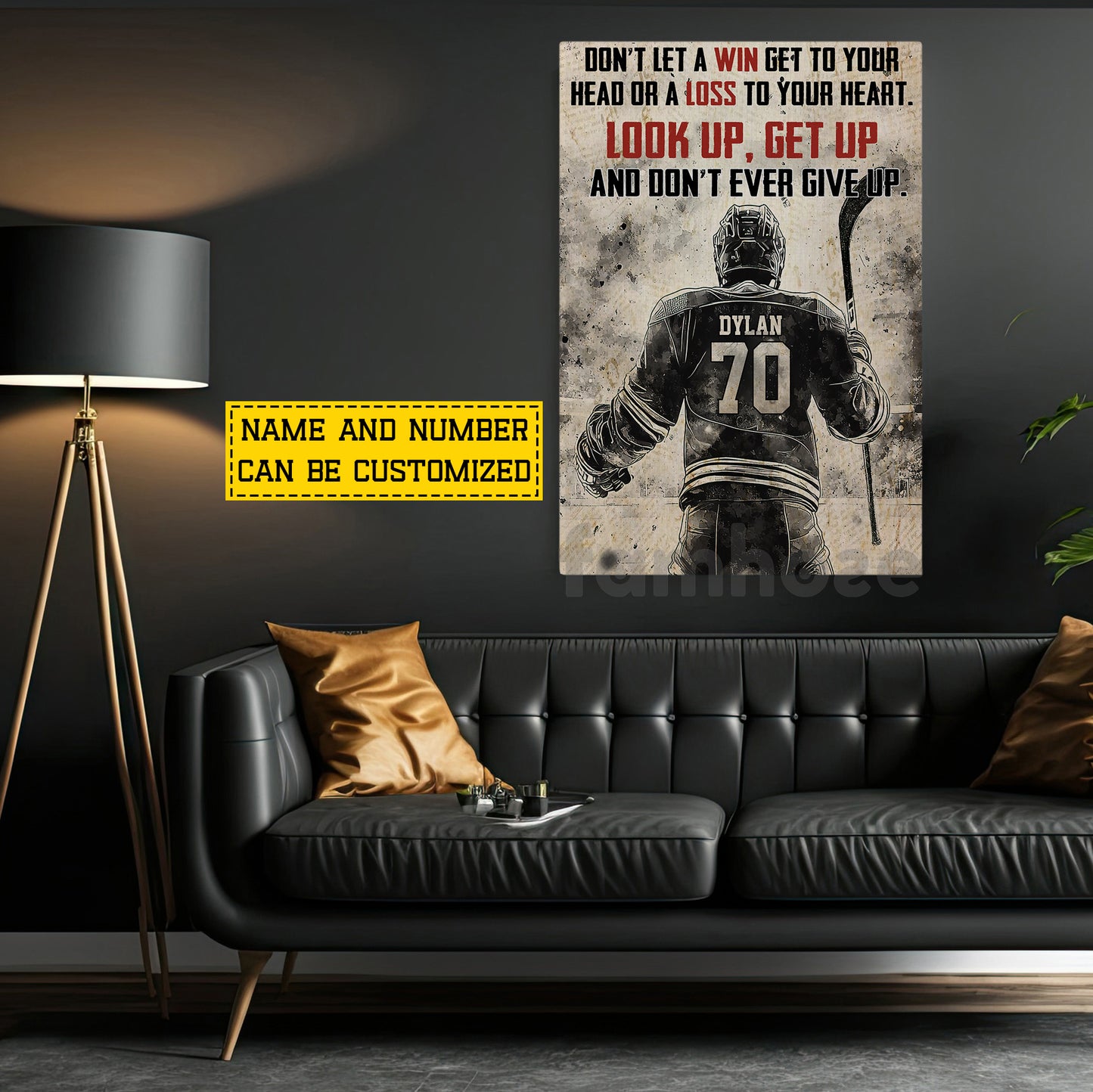Motivational Personalized Hockey Man Canvas Painting, Look Up Get Up Sport Wall Art Decor, Poster Gift For Hockey Lover