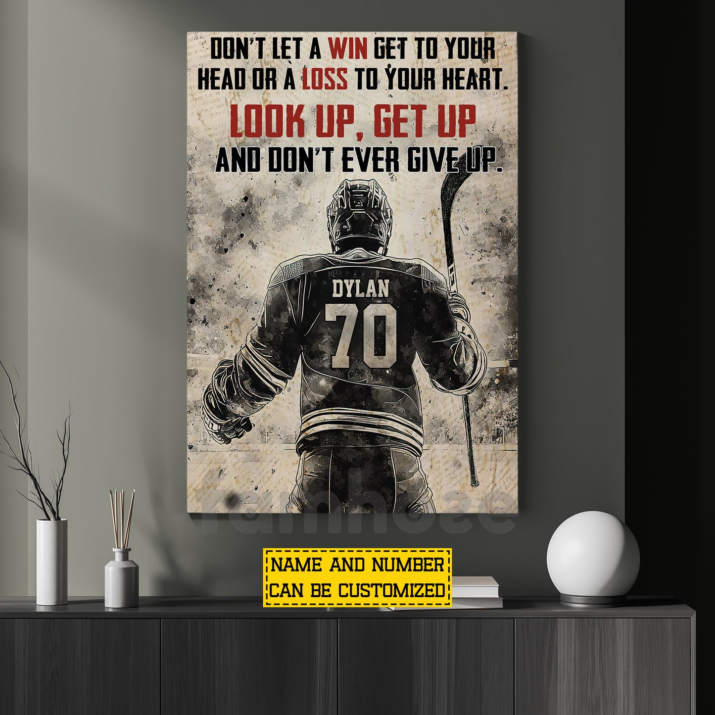 Motivational Personalized Hockey Man Canvas Painting, Look Up Get Up Sport Wall Art Decor, Poster Gift For Hockey Lover