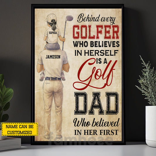 Personalized Golf Girl Kid Canvas Painting, Behind Every Golfer Sport Wall Art Decor, Poster Gift For Golfer's Dad