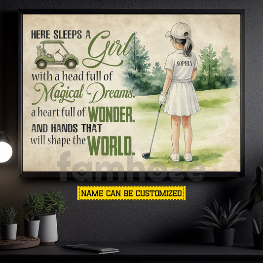 Personalized Golf Kid Girl Canvas Painting, Here Sleeps A Girl Wall Art Decor, Poster Gift For Golf Lover