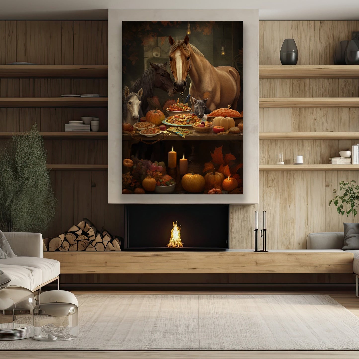 A Party For The Horse Family Feast In Gratitude Thanksgiving Canvas Painting, Wall Art Decor - Thanksgiving Poster Gift For Horse Lovers