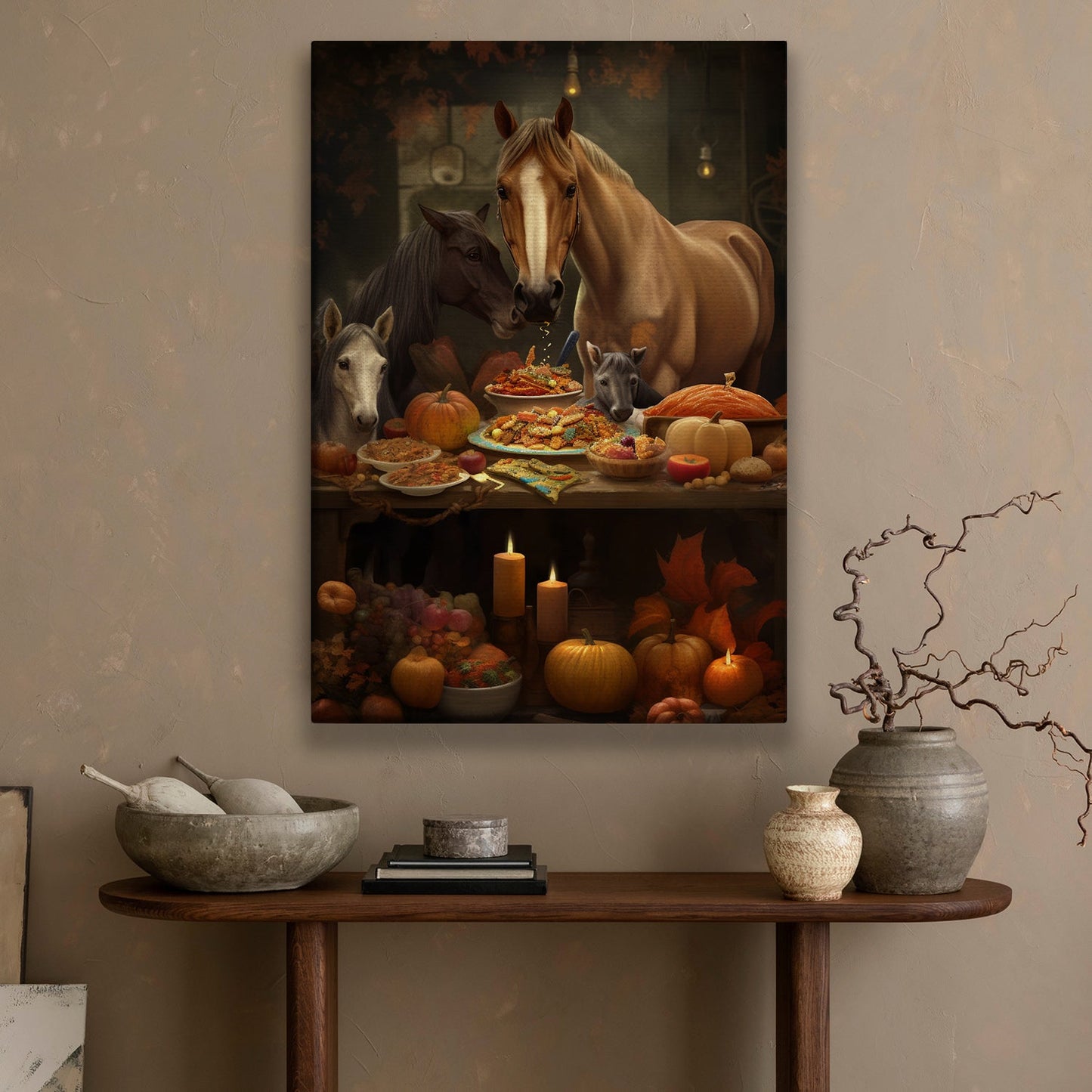 A Party For The Horse Family Feast In Gratitude Thanksgiving Canvas Painting, Wall Art Decor - Thanksgiving Poster Gift For Horse Lovers