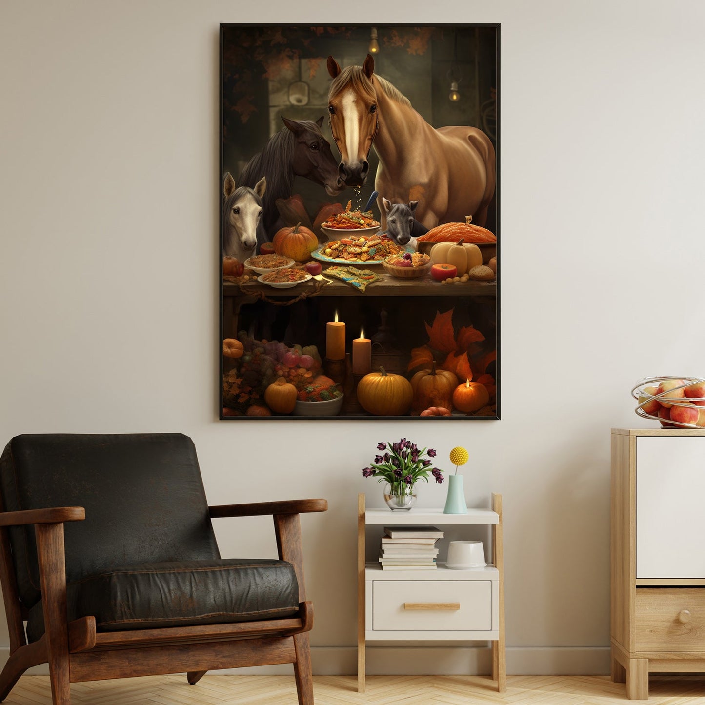 A Party For The Horse Family Feast In Gratitude Thanksgiving Canvas Painting, Wall Art Decor - Thanksgiving Poster Gift For Horse Lovers