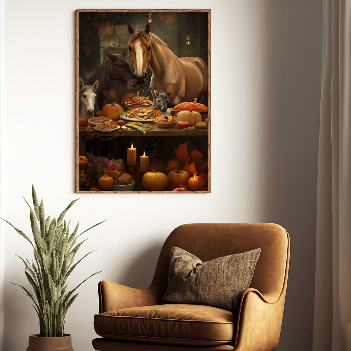 A Party For The Horse Family Feast In Gratitude Thanksgiving Canvas Painting, Wall Art Decor - Thanksgiving Poster Gift For Horse Lovers