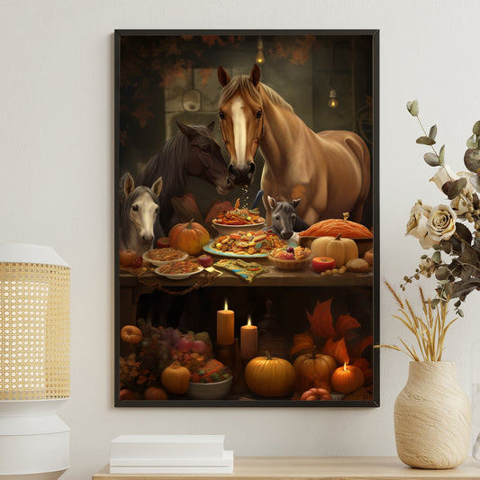 A Party For The Horse Family Feast In Gratitude Thanksgiving Canvas Painting, Wall Art Decor - Thanksgiving Poster Gift For Horse Lovers